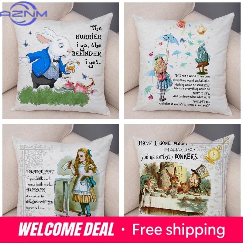 Alice In Wonderland Cushion Cover Cute Rabbit Cat Printed Sofa Pillow Vintage Home Decorative Pillow Case for Children Room