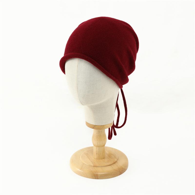Autumn and winter pure wool stacking hat drawstring hat female face small lace-up bag head cold hat sleeve wool knitted hat children