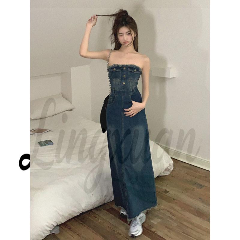 2026 Summer One-Shoulder Lace-Up Denim Maxi Dress with Frayed Hem Small синий