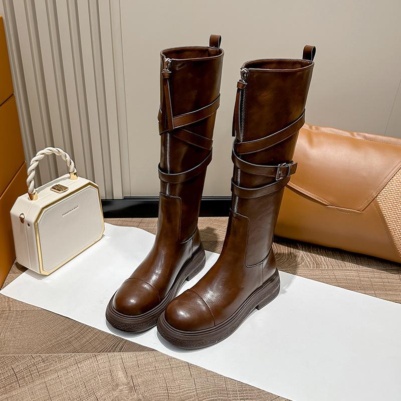 

~ Brown knight boots women s platform boots leather locomotive boots autumn and winter high leather boots fashion versatile 40