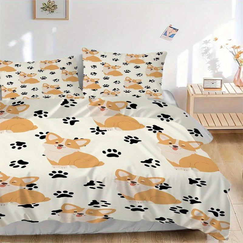 

3pcs Corgi, Paw Prints Bedding Set, Suitable for Bedroom Decoration, (Includes 1 Duvet Cover And 2 Pillowcases, Quilt Not Included) yy250822174 135x200cm