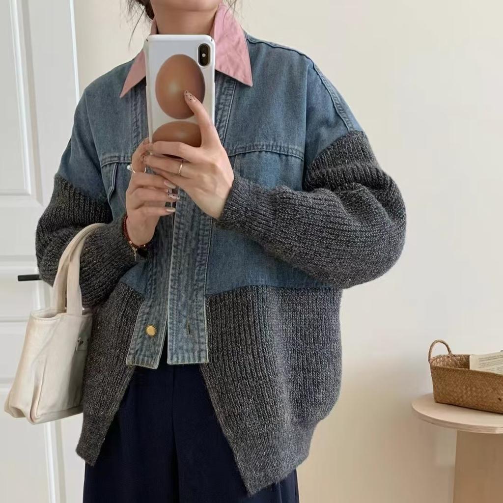 Dimanaf 2025 Autumn New Jacket Women Sweaters Coat Patchwork Wadded Coat Cardigan Knitting Pockets Fake Two-Piece Sweater