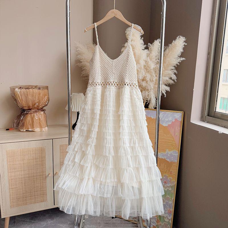 Bohemian Lace Spaghetti Strap Dress with Elegant Layered Mesh Skirt