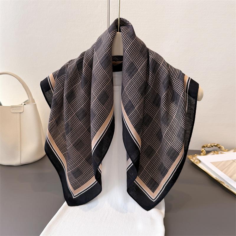Classic Plaid Herringbone Pattern Cotton And Linen Small Square Scarf Silk Scarf Imitation Velvet Headscarf Shawl Sun Protection Scarf