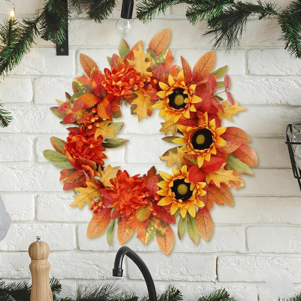 Herbstkranz Erntegirlande Künstlicher Kranz Mit Ahornblättern Orange Rote Beeren Und Sonnenblumen Für Herbst Bauernhaus Außen