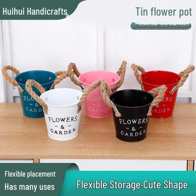 Nordic Style Colorful Tin Flower Pot with Hemp Rope: Wrought Iron Succulent Planter & Desktop Storage Ornament