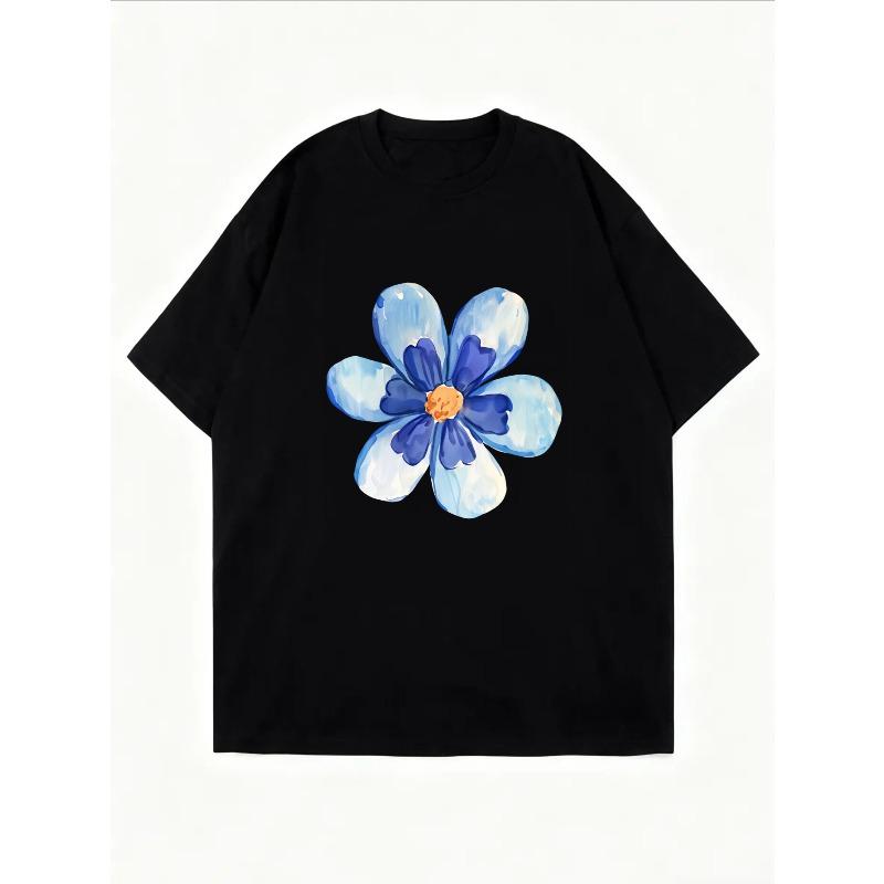 Casual T Shirt White Blue Flower Print Summer Outfit Women Fashion Top For Everyday Wear