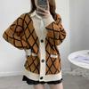Real shot elegant temperament loose Korean version retro grid knitted cardigan small fresh age-reducing sweater jacket women's top