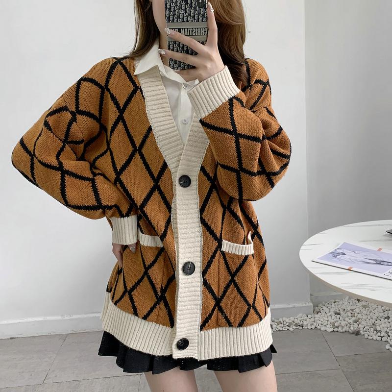 Real shot elegant temperament loose Korean version retro grid knitted cardigan small fresh age-reducing sweater jacket women's top