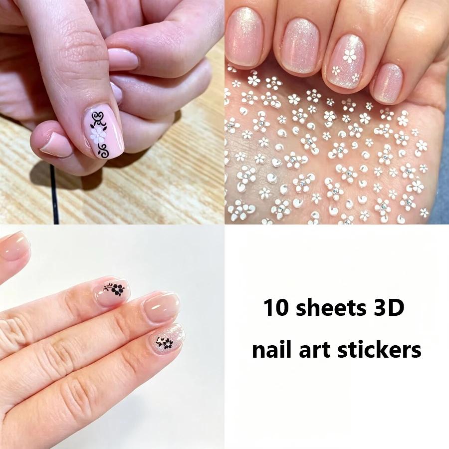 10 Sheets 3D Nail Stickers Set, Self-Adhesive Nail Decals Black White Colorful Nail Art Decorations DIY Manicure Accessories