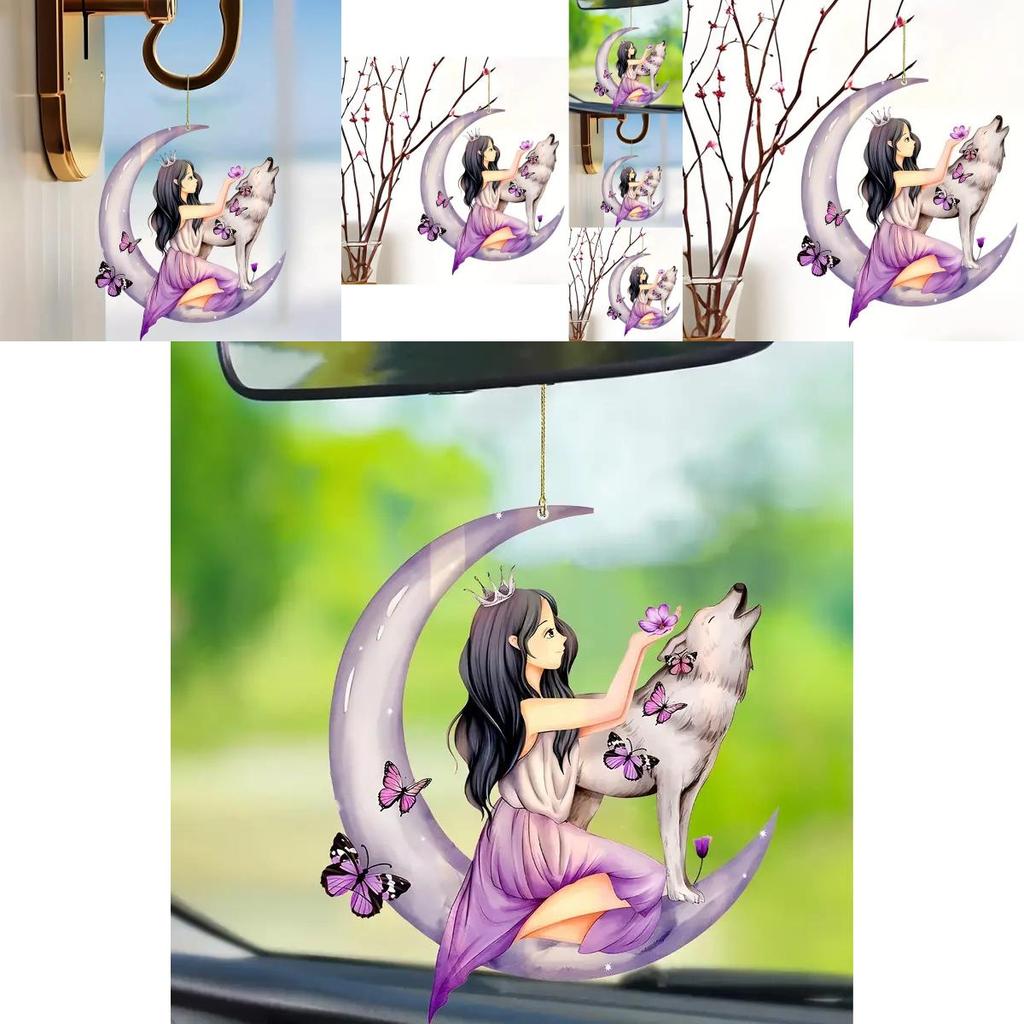 Bunter Acryl Cartoon Floral Mond Mädchen Wolf Schmetterling Autoanhänger Für Einzigartigen Auto-Stil