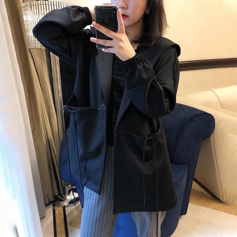 

Женский короткий тренч с капюшоном, новая маленькая ранняя весна, тонкое пальто, черная женская одежда L чёрный