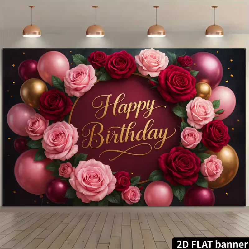 2D Flat Floral Happy Birthday Party Photo Booth Background Cloth