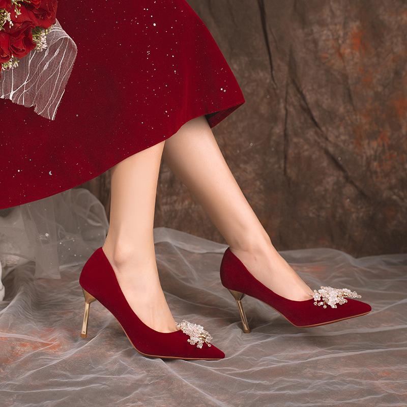 Burgundy High Heels Women's Thin Heels 2025 New Pointed Head Shallow Mouth Xiuhe Single Shoes Toasting Clothes Bridal Shoes Wedding Shoes