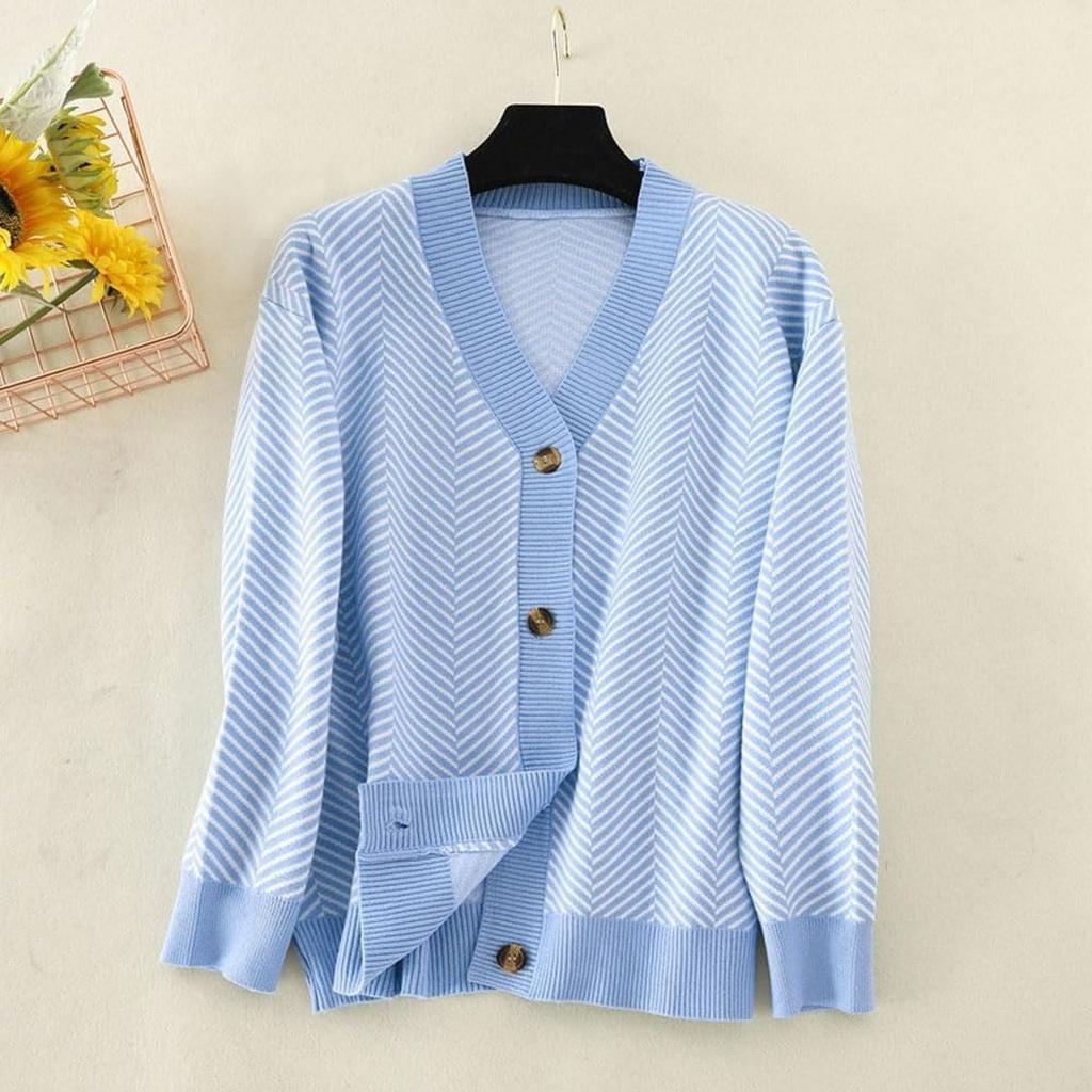 Ladies' Casual Fashion Buckle V-neck Striped Knitted Cardigan Sweater Jacket