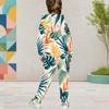 Girls Tropical Leaf Printed Hooded Long Sleeve Kangaroo Pocket Top Cuffed Pants Two Piece Set