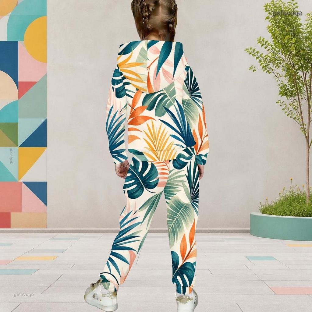 Girls Tropical Leaf Printed Hooded Long Sleeve Kangaroo Pocket Top Cuffed Pants Two Piece Set
