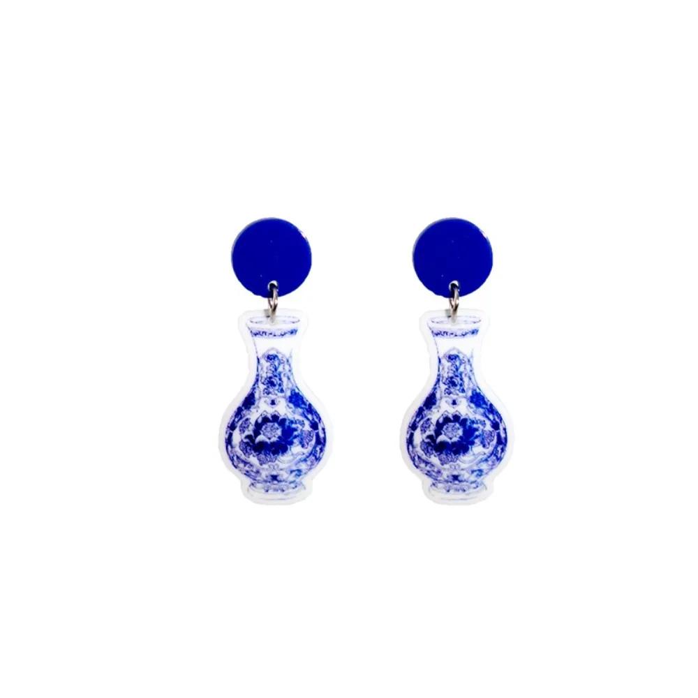 

Vintage Blue and White Porcelain Earrings Chinese Style Wave Point Chinoiserie Acrylic Blue Earrings Plating Geometric