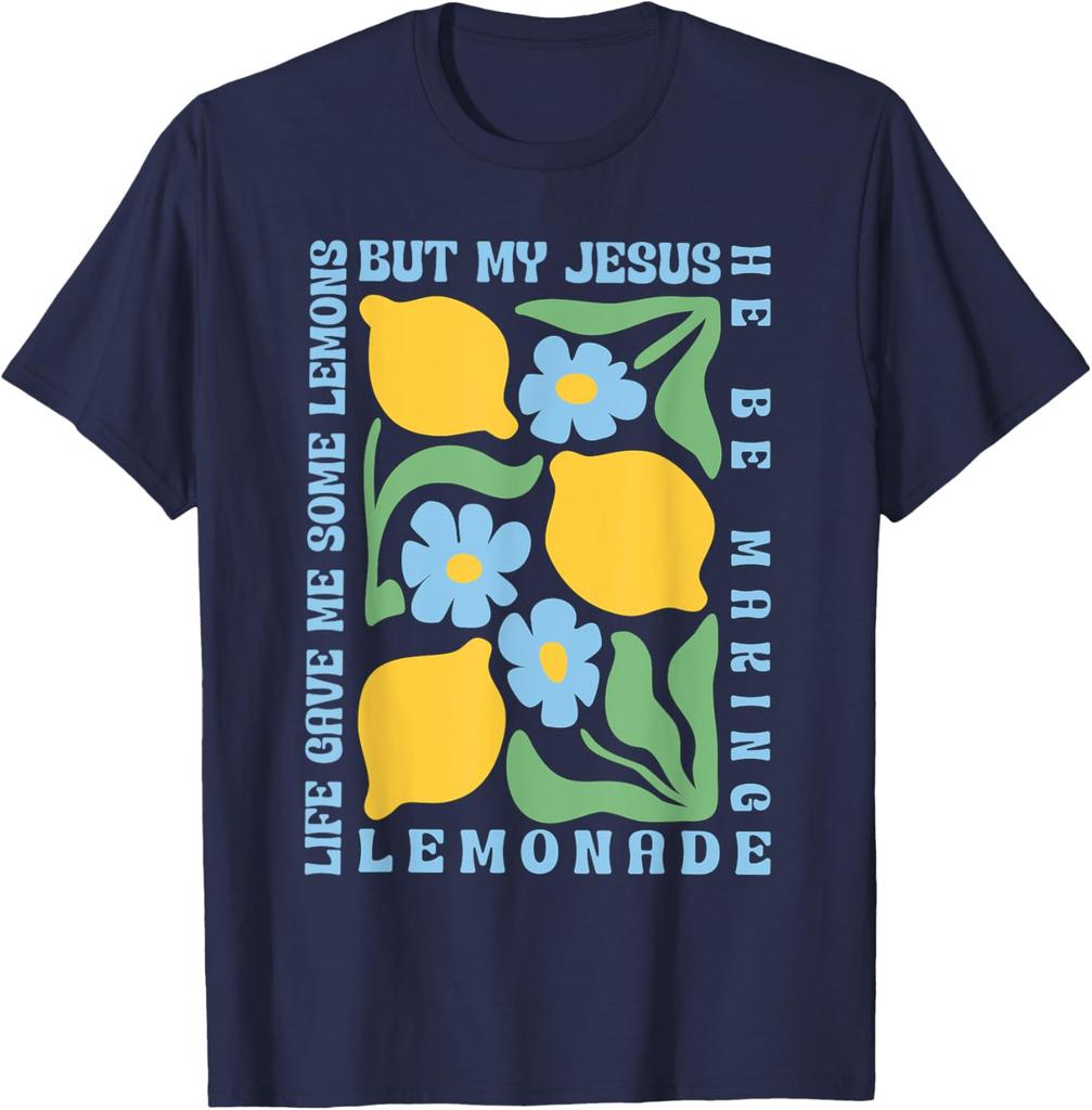 Jesus Making Lemonade Graphic Tee Religious Faith Christian Humor Short Sleeve T-Shirt Casual Tops