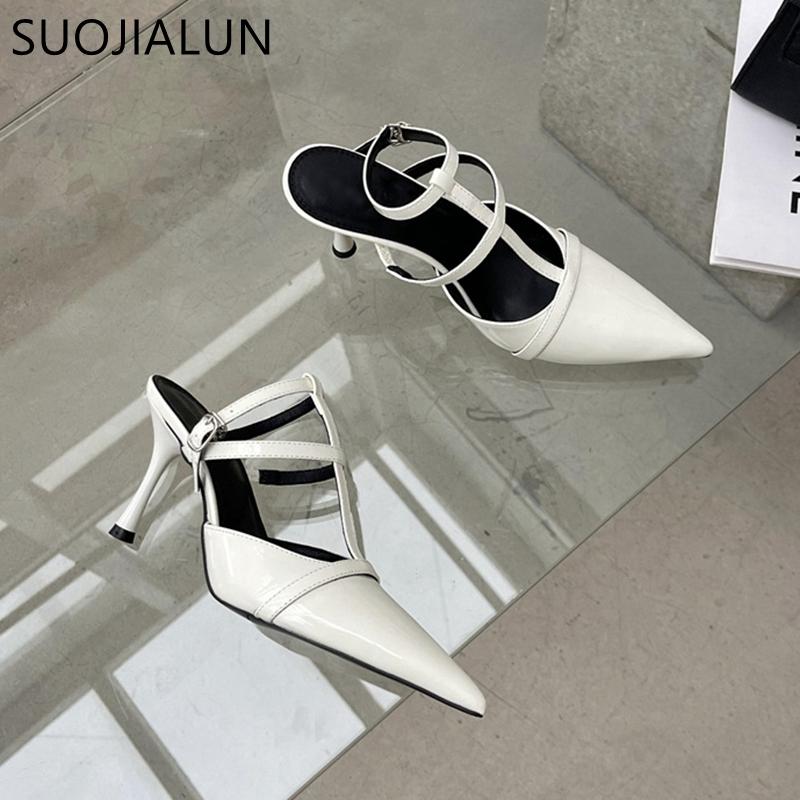 Mode SUOJIALUN 2025 Frühling Neue Spitzschuh Damen Sandale Mode Knöchelriemen Dünner Hoher Absatz Damen Elegante Pumps Kleid Slingback Schuhe