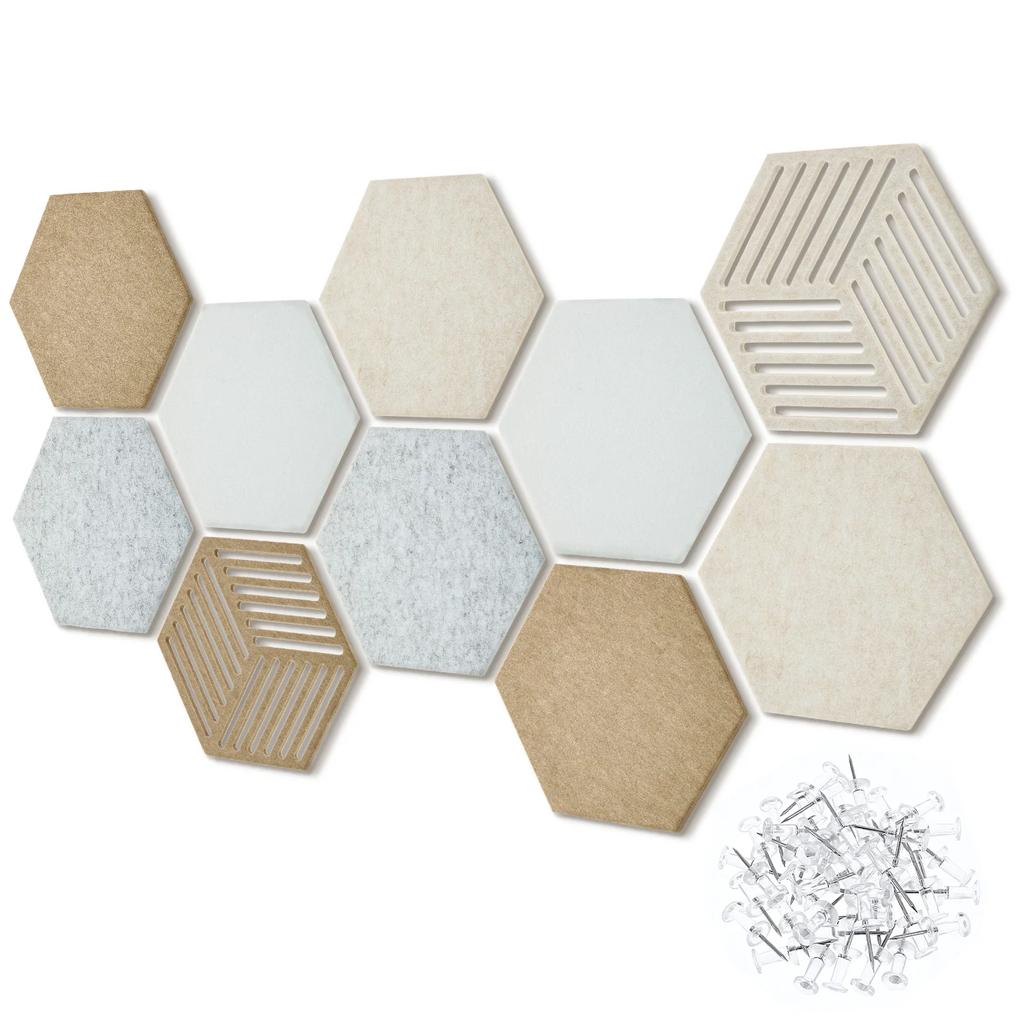 10Pcs Hexagon Felt Cork Bulletin Board Tile 11.8" x 10.2" High Density Adhesive Pinboard with Push Pin Noise Reducing for Home