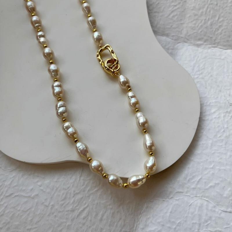 Rice Grain Special-Shaped Freshwater Pearl Gold Bead Necklace Femininity Blogger Fashion Temperament Ot Buckle Collarbone Chain