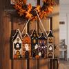 Halloween Door Sign 2D Wooden Hanger Sign, Pumpkin Ghost Vintage Town Building Welcome Rustic Seasonal Wall Plaque with Hanging Rope, Front