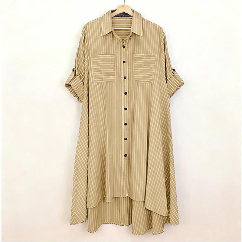 ZANZEA Women Casual Adjustable Long Sleeve Loose Lapel Collar Stripe Shirt Dress