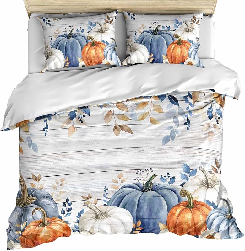 Fall Blue Pumpkins Duvet Cover Set 3 Pieces, Thanksgiving Orange Gray Botanical Rustic Bedding Sets