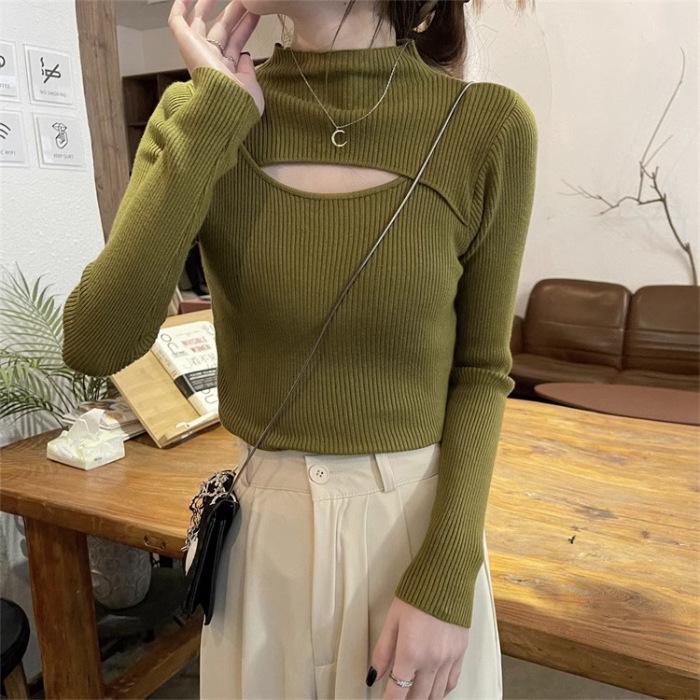 Women's Black Hollow Out Half-High Neck Sweater - Autumn/Winter Trendy, Versatile Knit Base Layer