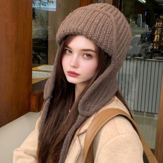 Women Knitting Hat Lace-up Solid Color Ear Protection Winter Elastic Hat Cold Weather Windproof Lei Feng Hat