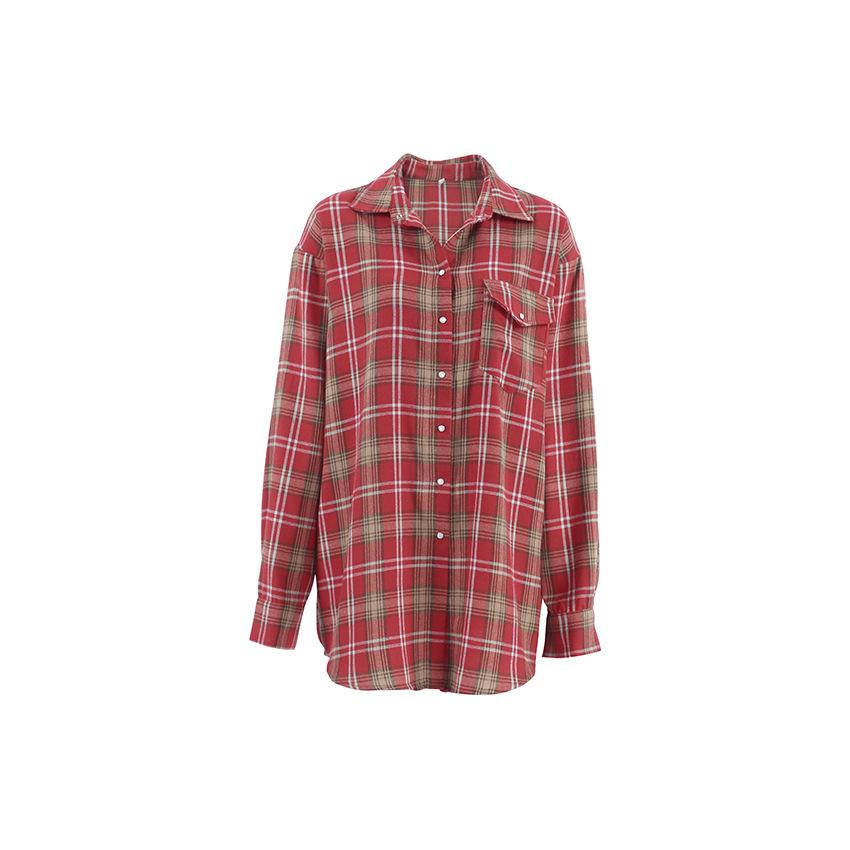 1116 American Street Red Plaid Shirt Women's Design Sense Stacking Long Long-sleeved Shirt Loose Casual Women's Clothing