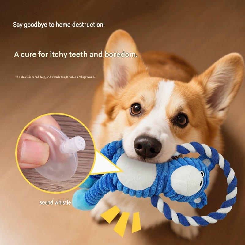 Blue Bear Monkey Pet Toy, Durable Chew Toy with Squeaker, Cotton Rope for Interactive Play, Tough Plush Dog Toy