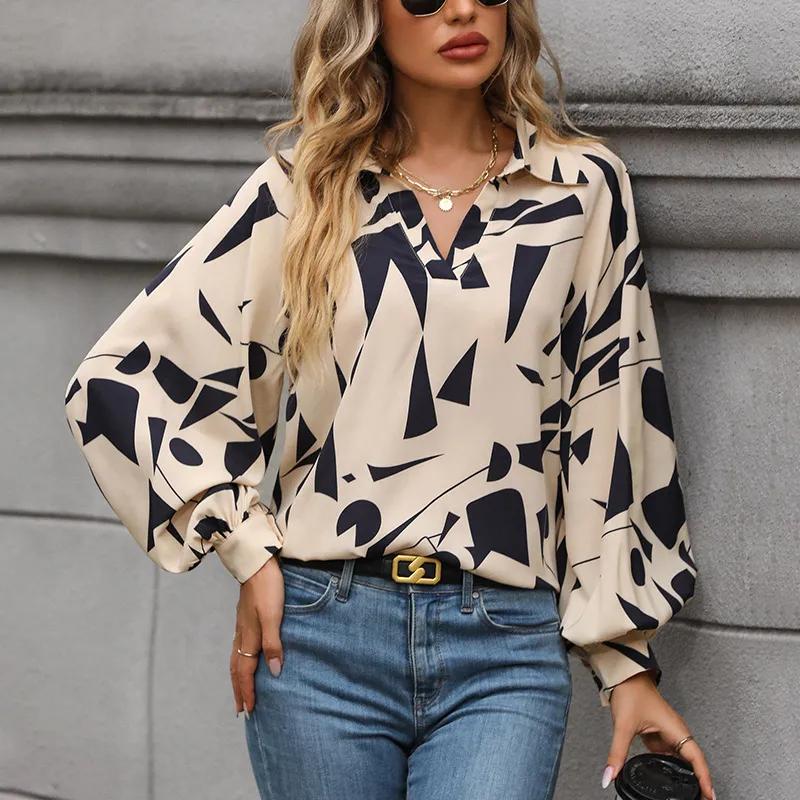 Camisas estampadas de manga larga de otoño para mujer, Blusas con cuello vuelto a la moda, camisas holgadas informales para mujer, Blusas elegantes para mujer 29456