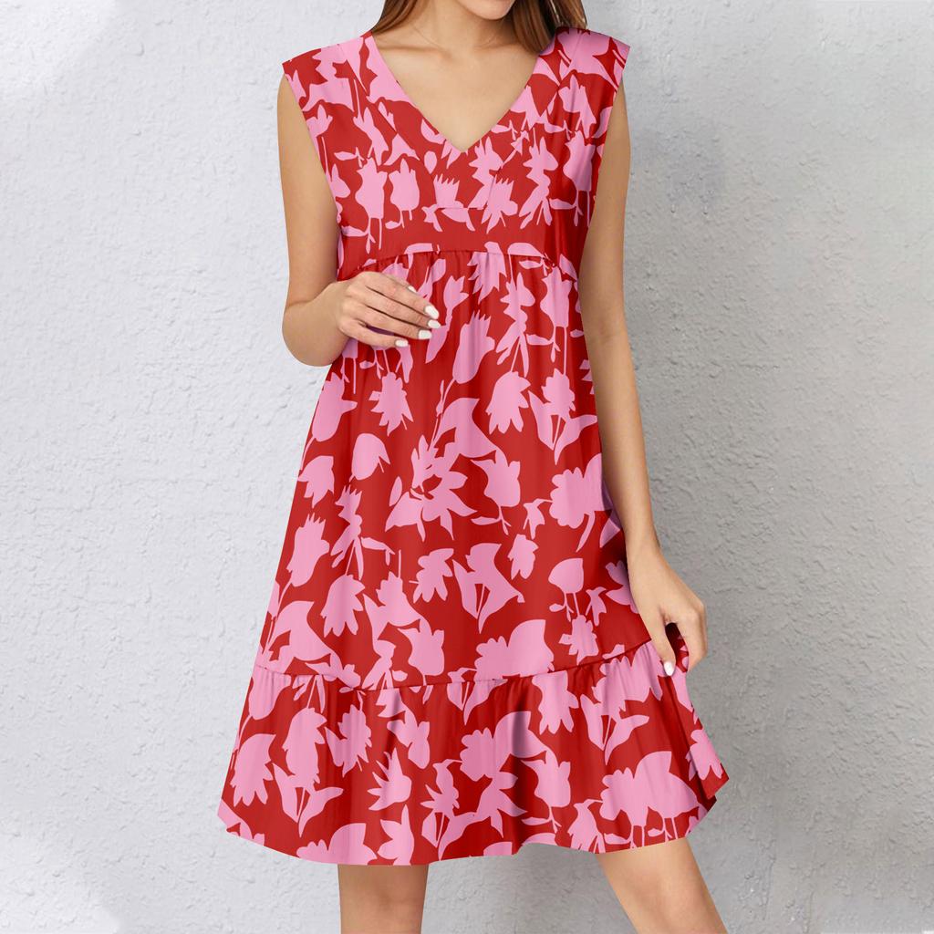 Abito Estivo da Donna Senza Maniche Scollo a V Stampa Abiti Corti Moda Casual Fluido Boho Volant A Linea Svasato Prendisole