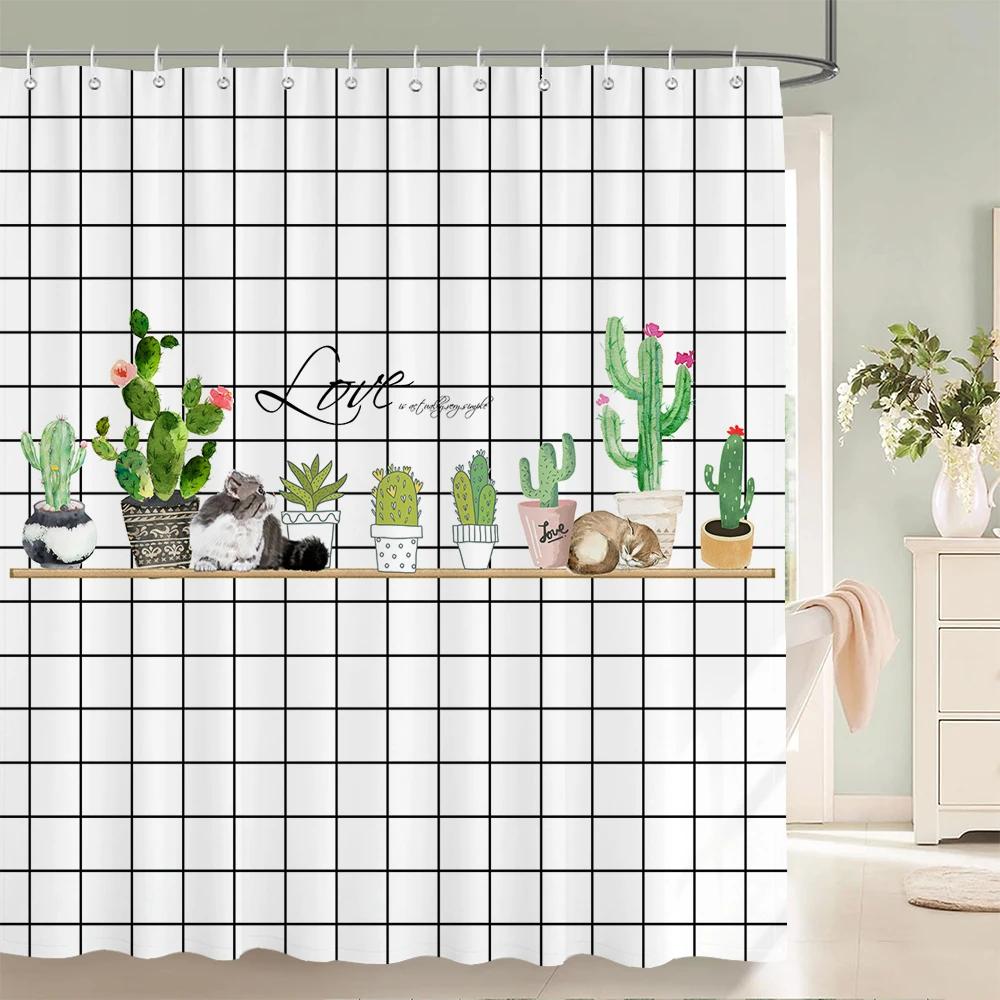 Tropical Plant Cactus Shower Curtain 180cm *180cm with Hooks, Floral Waterproof Shower Curtain, Shower Curtains for Bathroom