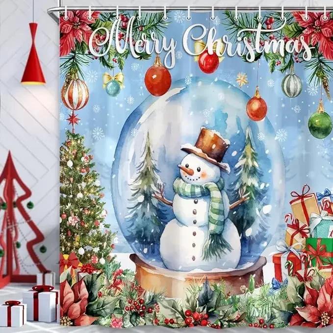 Cute Christmas Snowman Shower Curtains Xmas Tree Balls Green Pine Branches Winter Snow New Year Home Bathroom Decor Set Fabric