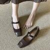 332-77 Cashmere splicing square head thick heel single shoes middle heel soft leather one-word buckle Mary Jane shoes spring and autumn