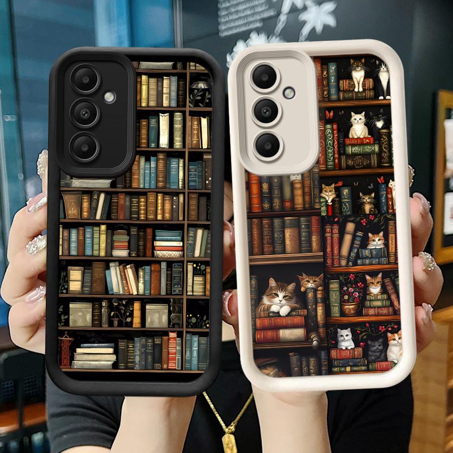 Coque de téléphone pour Samsung Galaxy A16 A34 A12 A14 A32 A23 A26 A56 A15 A51 A73 A53 A54 Coque souple Étagère à livres vintage Chaton