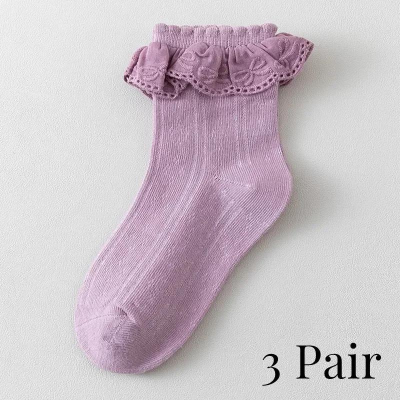 

3 Pairs New Girls Socks Baby Bow Lace Combed Cotton Socks Baby Thin Breathable S size 1-3 Year фиолетовый