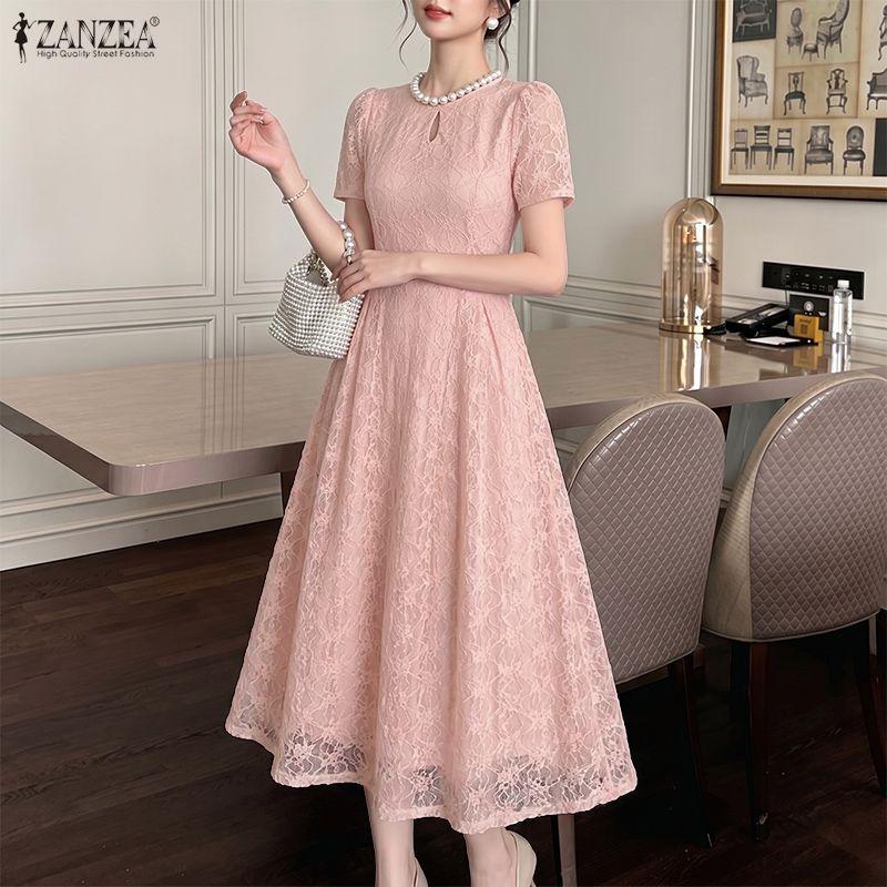 ZANZEA Women Casual Round Neck Lace Patchwork Elegant Short Sleeve Dress