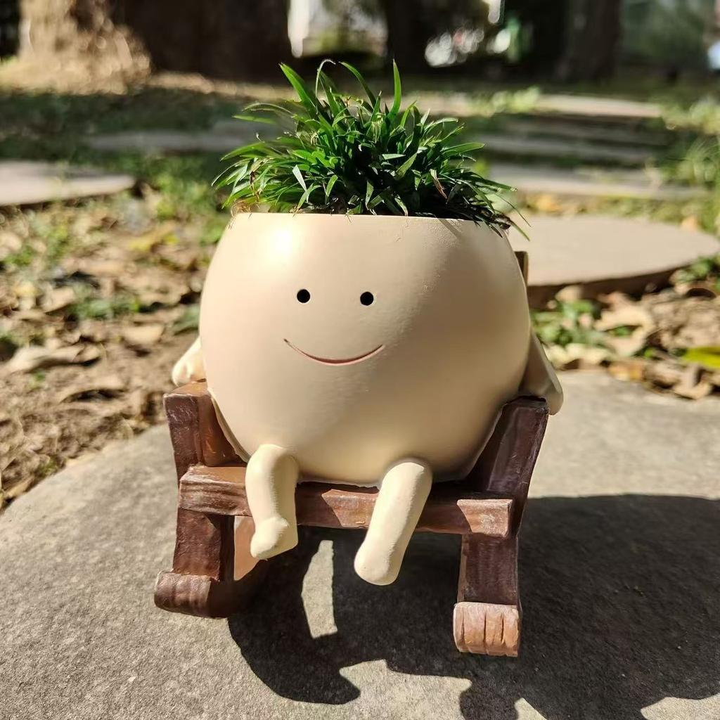 1PC Cute Ceramic Succulent Pot – Smiling Rocking Chair Style Mini Planter for Home Garden Decor