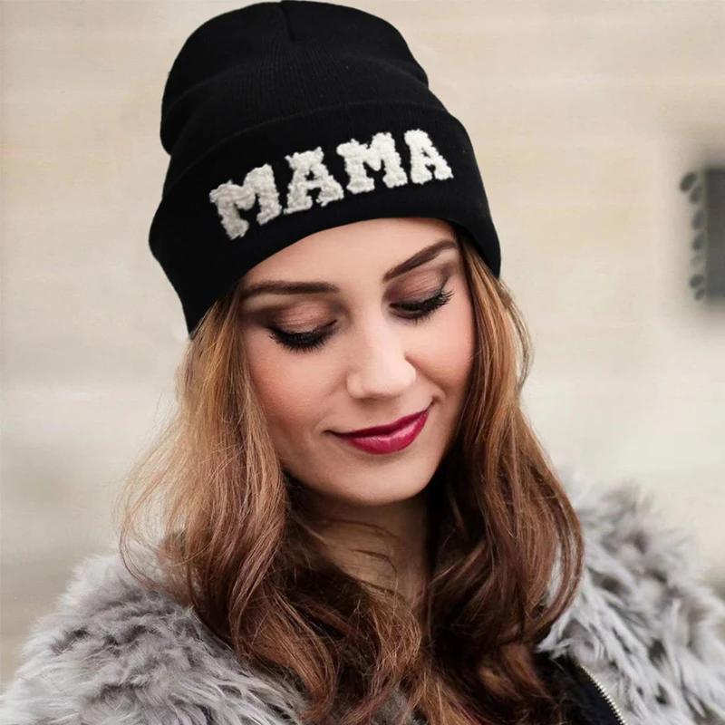 Winter Mama Letter Mini Solid Color Skullies Beanie Hat Outdoor For Women Hip Hop Knitted Caps Girl Casual Warm Ski Beanies Cap
