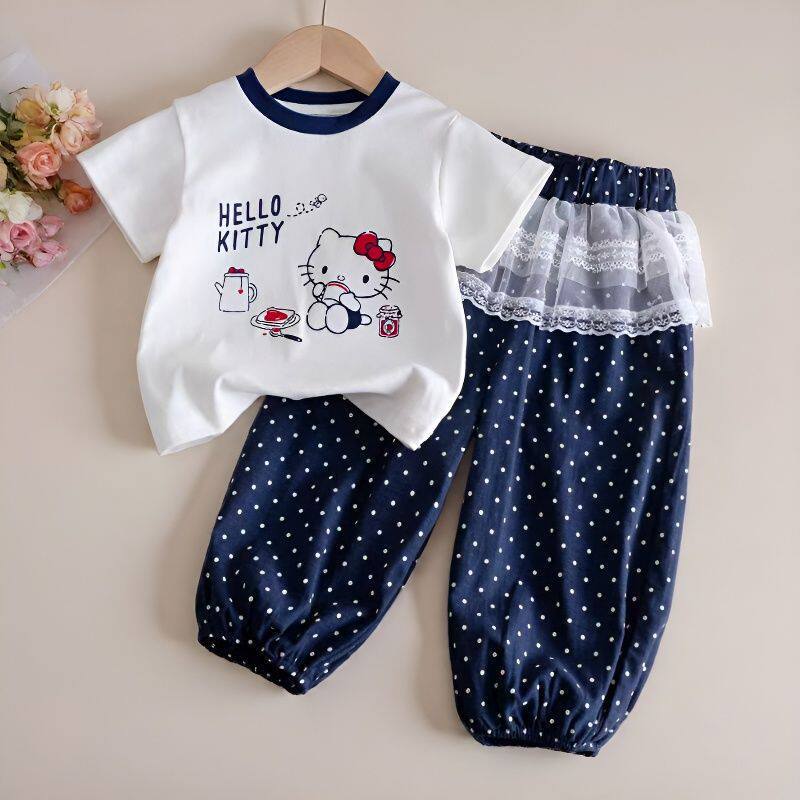 Girls Summer Polka Dot Short Sleeve Set Kids Breathable Mosquito Pants Sporty Two Piece Outfit For Toddler And Little Girl 90cm