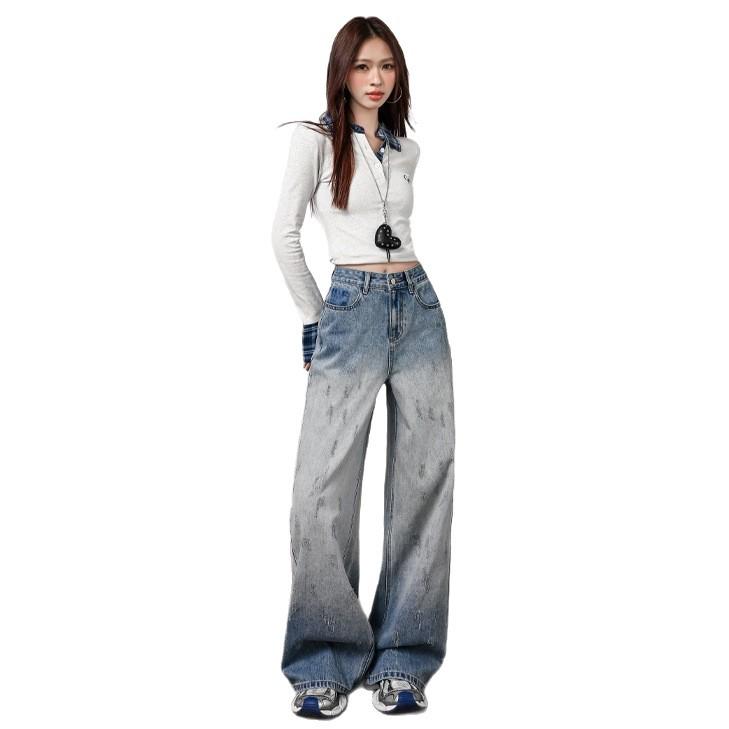 Autumn Gradient Retro Women's High Waist Wide-Leg Jeans - Hong Kong Style, Floor-Length Pants
