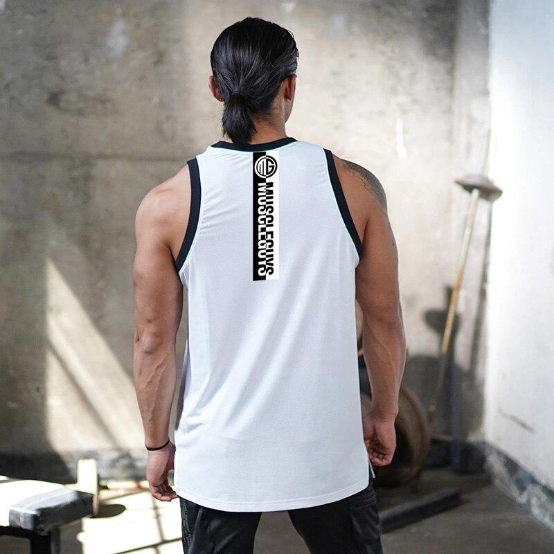 

Muscleguys Летняя спортивная повседневная одежда Мужские сетчатые быстросохнущие майки с круглым вырезом и облегающего кроя для фитнес-тренировок, без рукавов, майки для мышц XXL белый