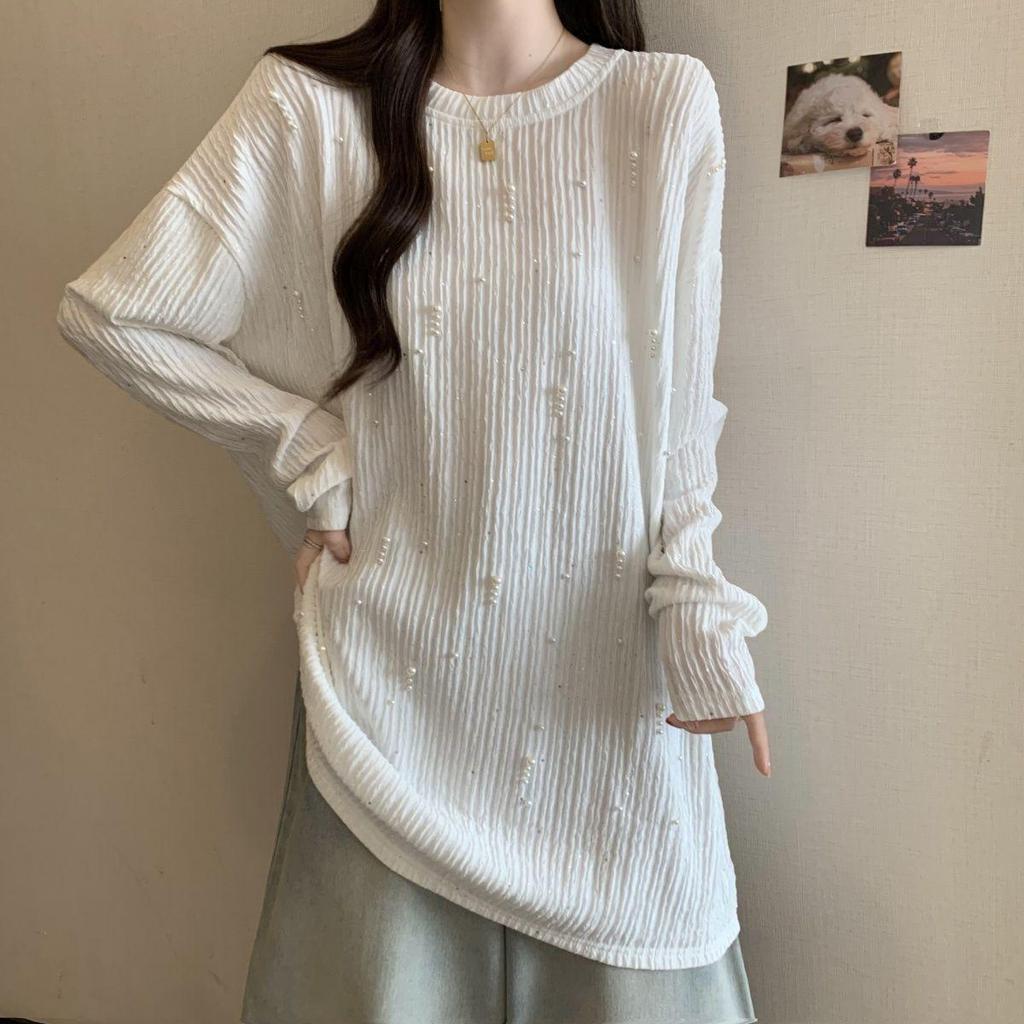 Plus Size Hand-Beaded Long-Sleeve Textured Starry Sky Top - Slimming & Flaw-Hiding