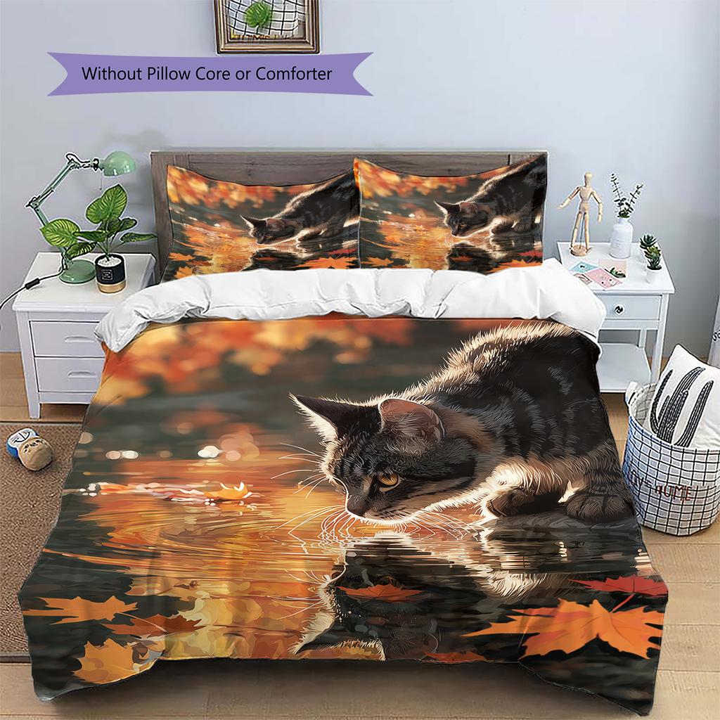 Autumn Leaf Cat Pattern Bedding Quilt Set Quilt Cover Pillowcase Home Decoration Gift (1 * duvet cover + 2 * pillowcase, without core)