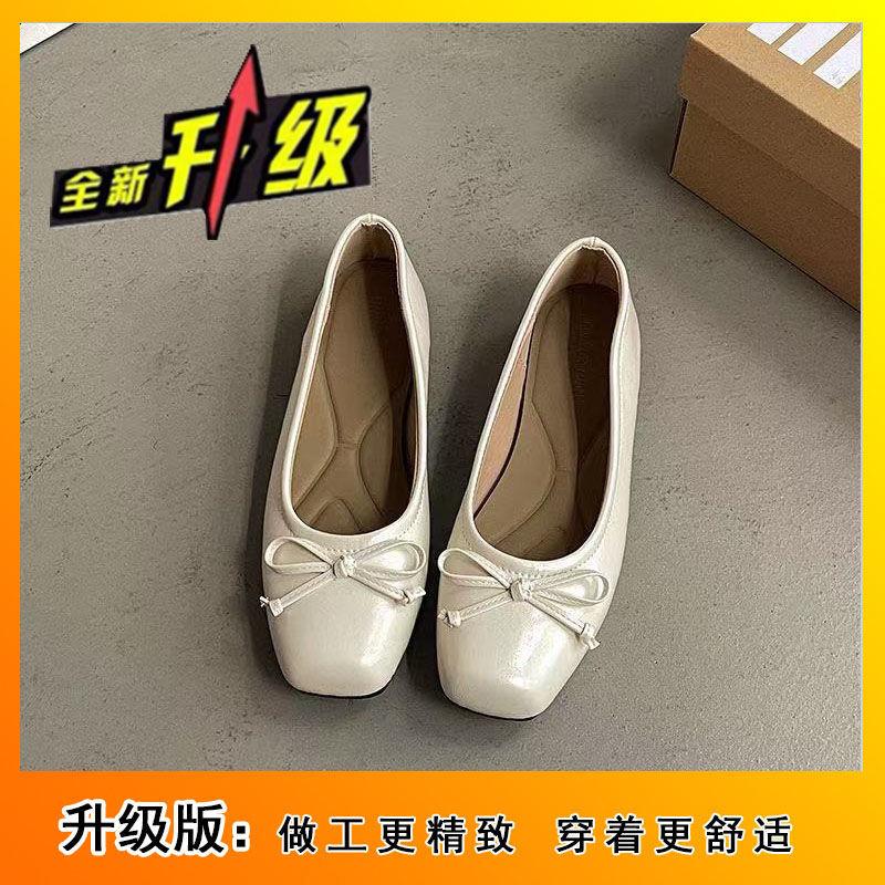 Gentle Bow Ballet Shoes Spring and Autumn New Square Head Small Leather Shoes Shallow Mouth Beanie Shoes Single Shoes Women