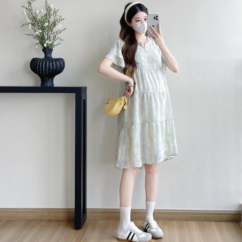 2026 Korean Style Flutter Sleeve Maternity Dress with Lace Collar M